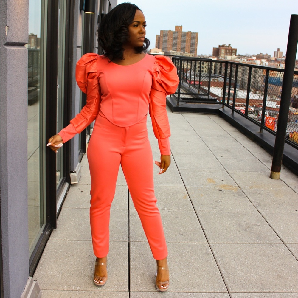 Chic Coral Puff Sleeve Jumpsuit